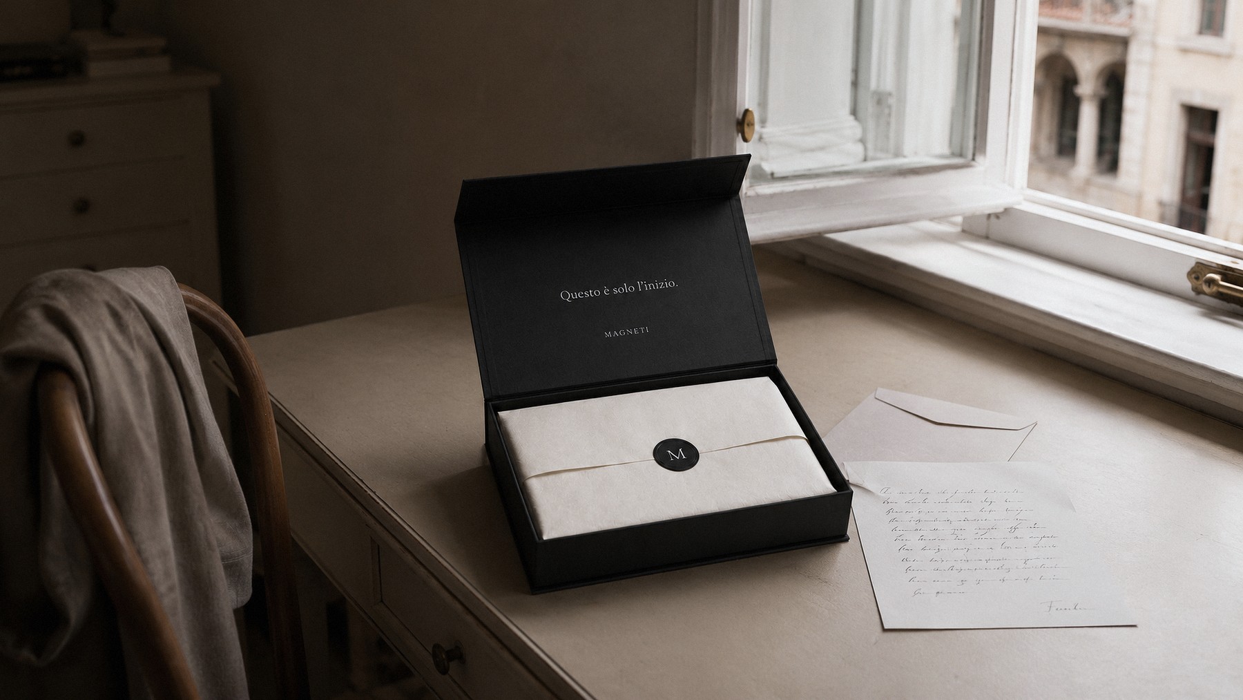 Il cofanetto Carta Regalo aperto su una scrivania, accanto a una lettera scritta a mano
