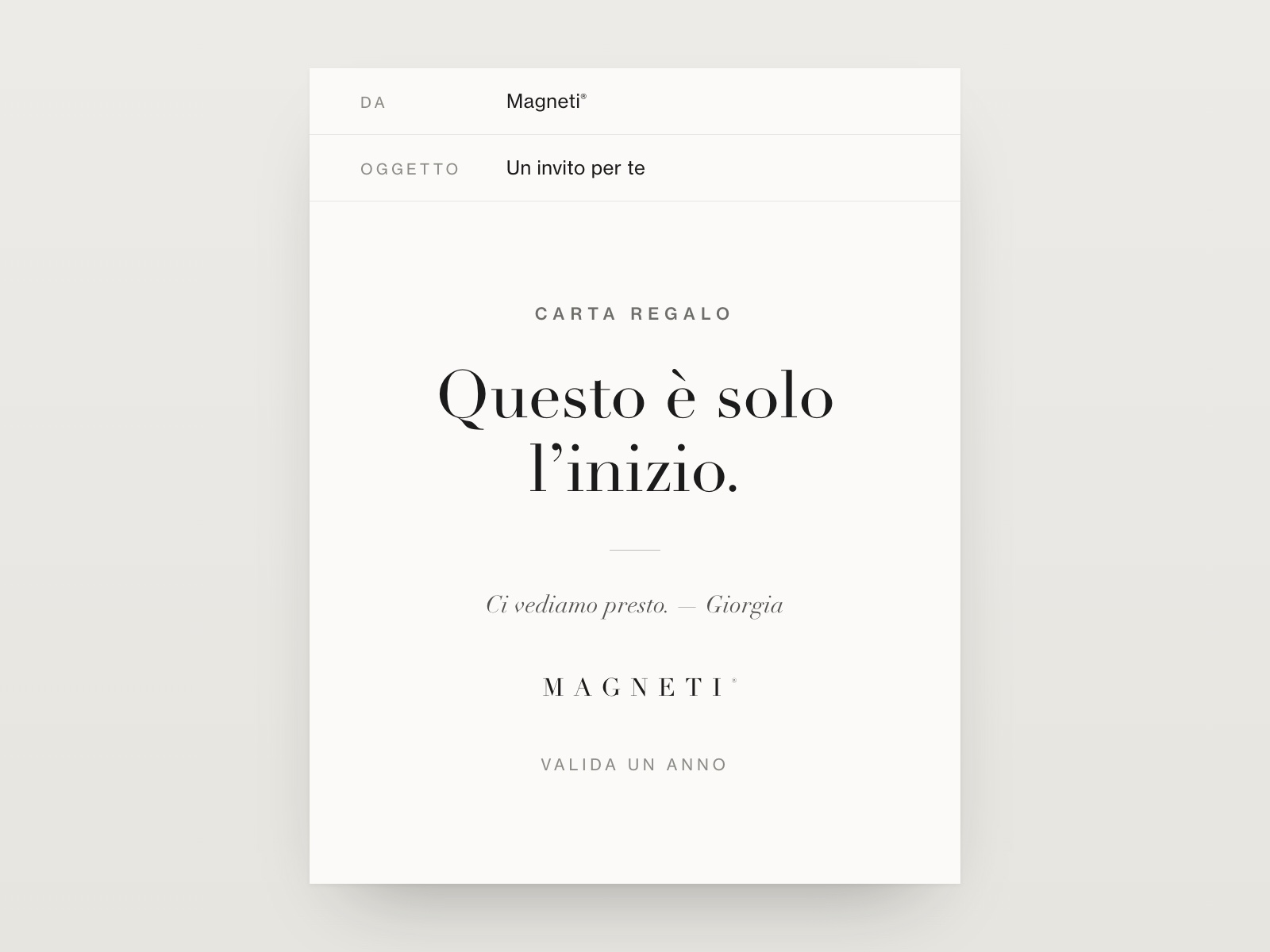 The digital Magneti® Gift Card invitation as it arrives by email, with your personal dedication