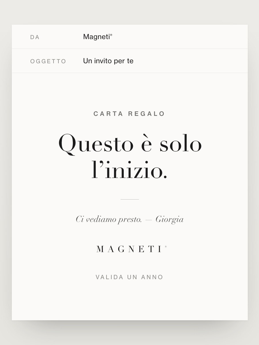 The digital Magneti® Gift Card invitation as it arrives by email, with your personal dedication