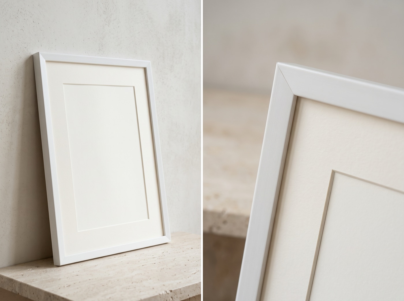 Finitura Bianco: cornice bianca, dettaglio dell'angolo e del passepartout