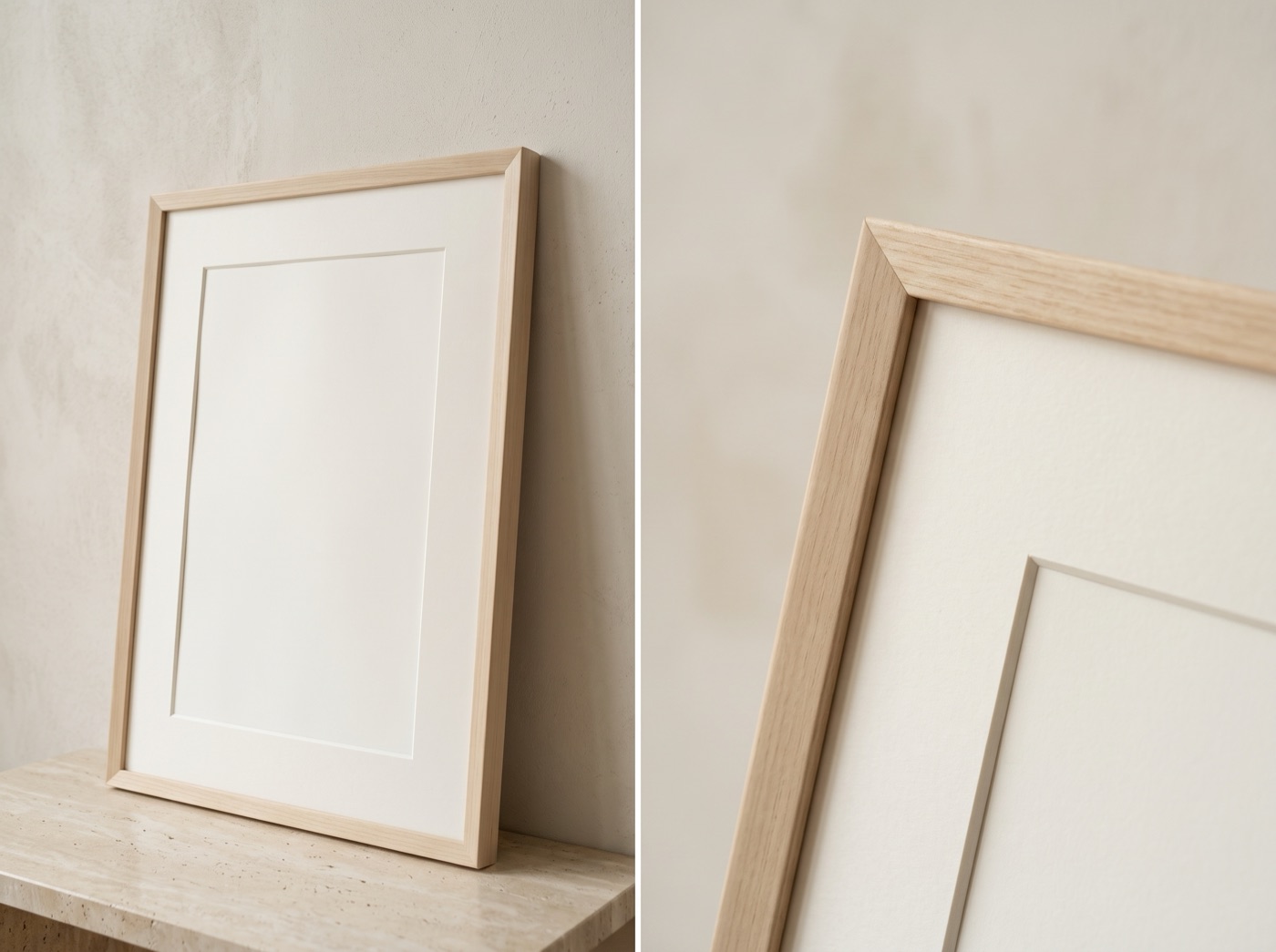 Finitura Legno chiaro: cornice in rovere naturale, dettaglio dell'angolo