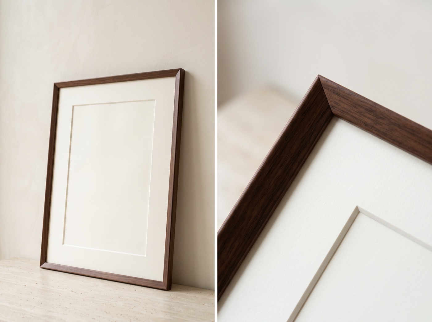Finitura Legno scuro: cornice in noce, dettaglio dell'angolo