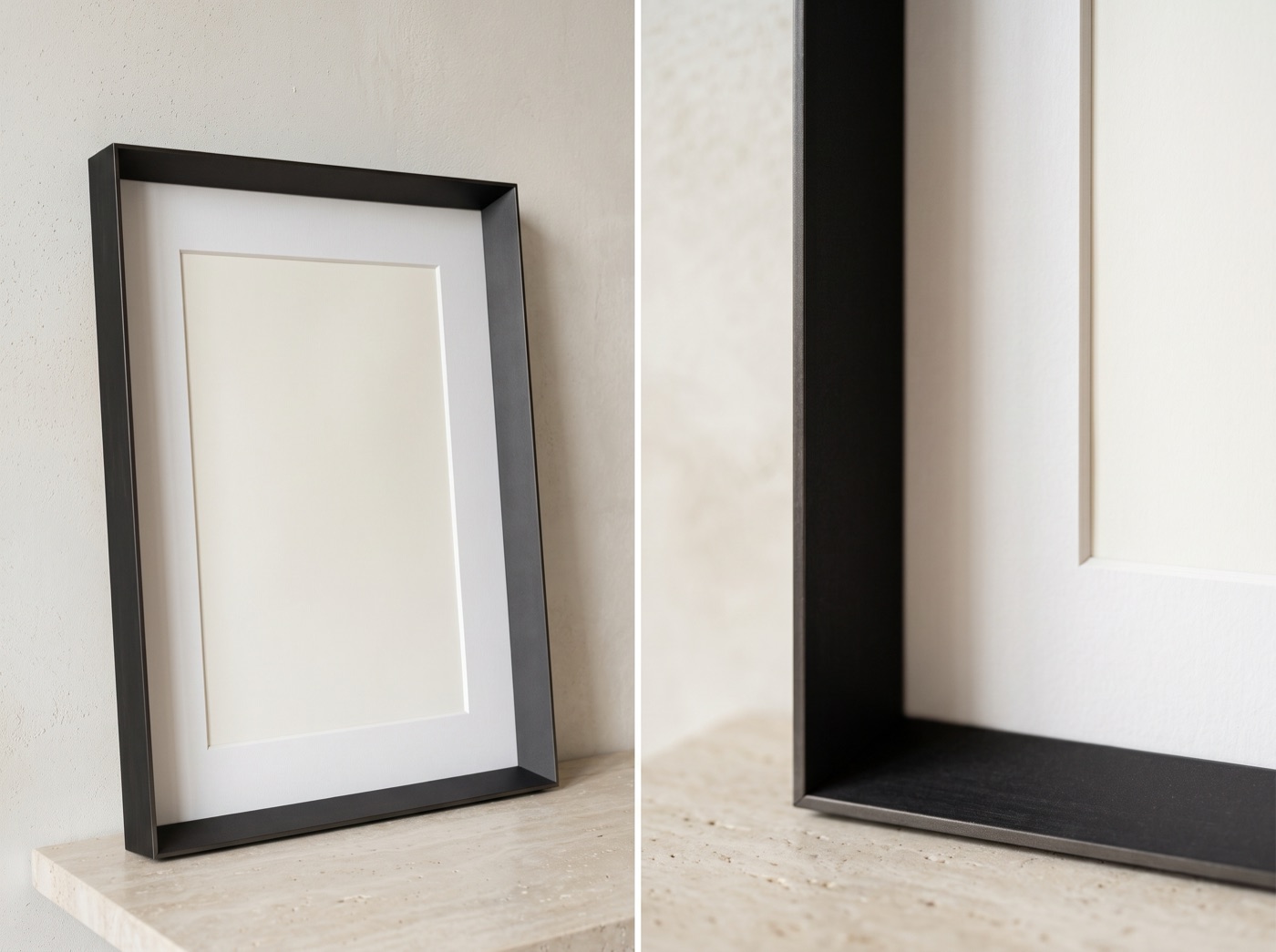 Finitura Nero antracite: cornice nera antracite, dettaglio dell'angolo e del passepartout