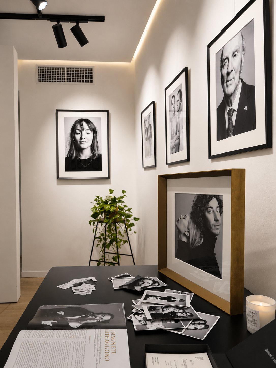L'angolo studio della galleria con le stampe sul tavolo e i ritratti incorniciati