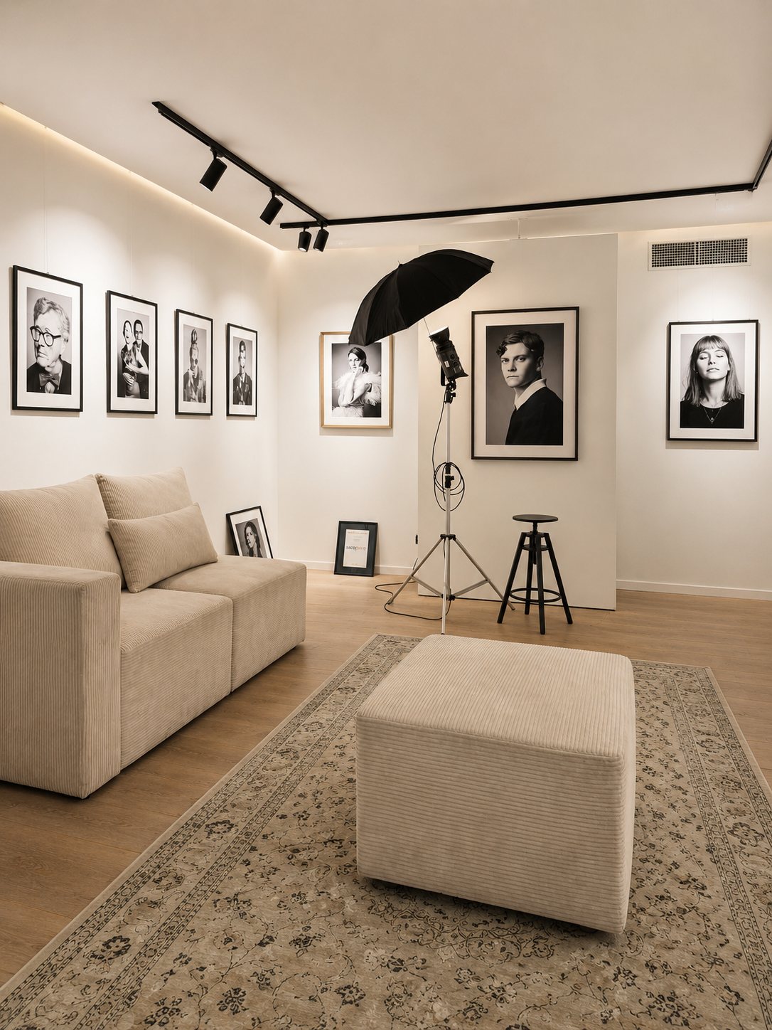 Il salotto della galleria: divano, tappeto persiano e ritratti in bianco e nero alle pareti
