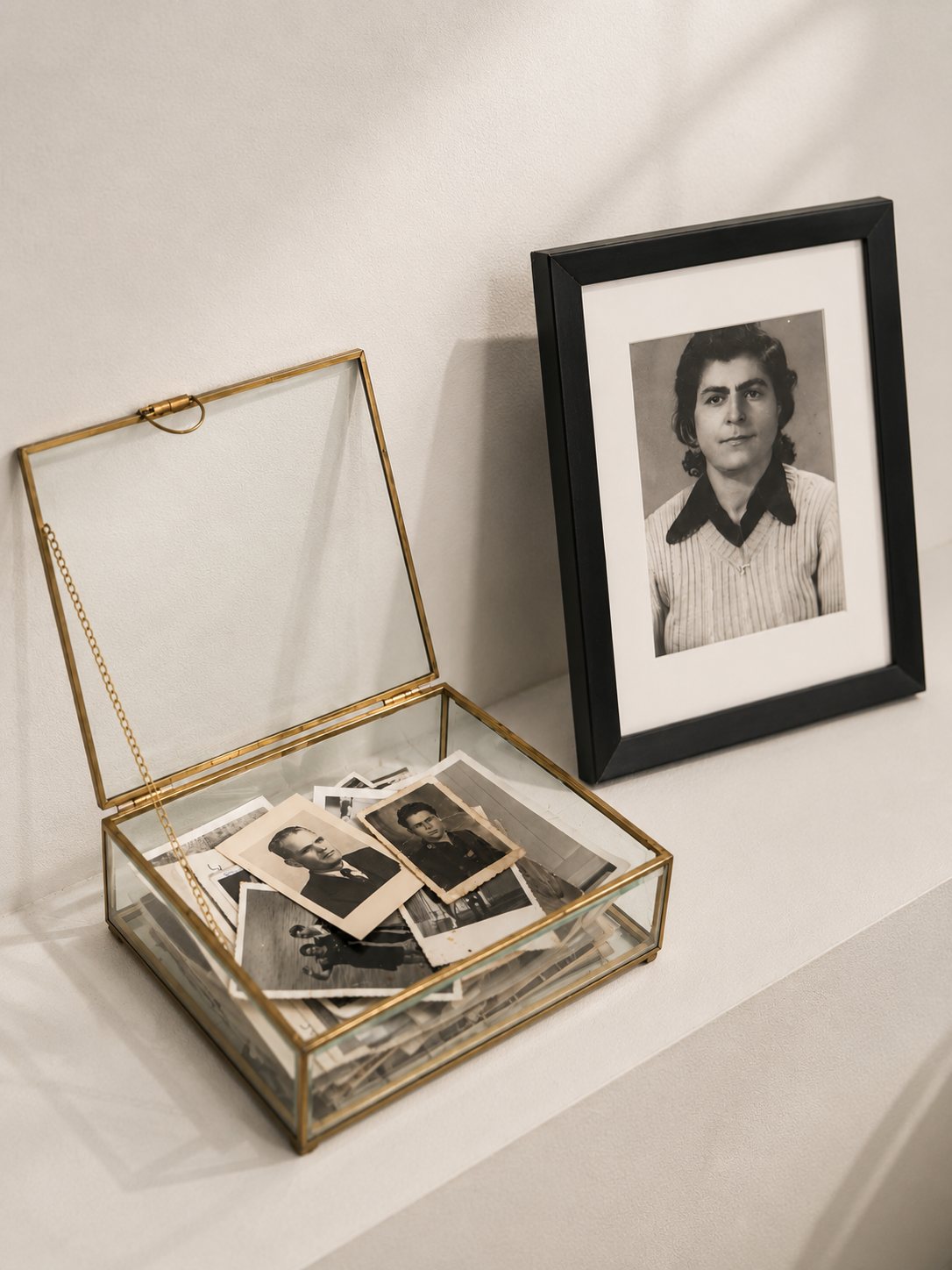 Una teca di vetro con vecchie fotografie di famiglia e un ritratto d'epoca incorniciato