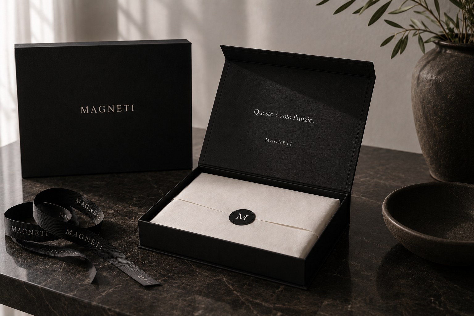 The Magneti® Gift Card case open on marble, with the ribbon and the M seal