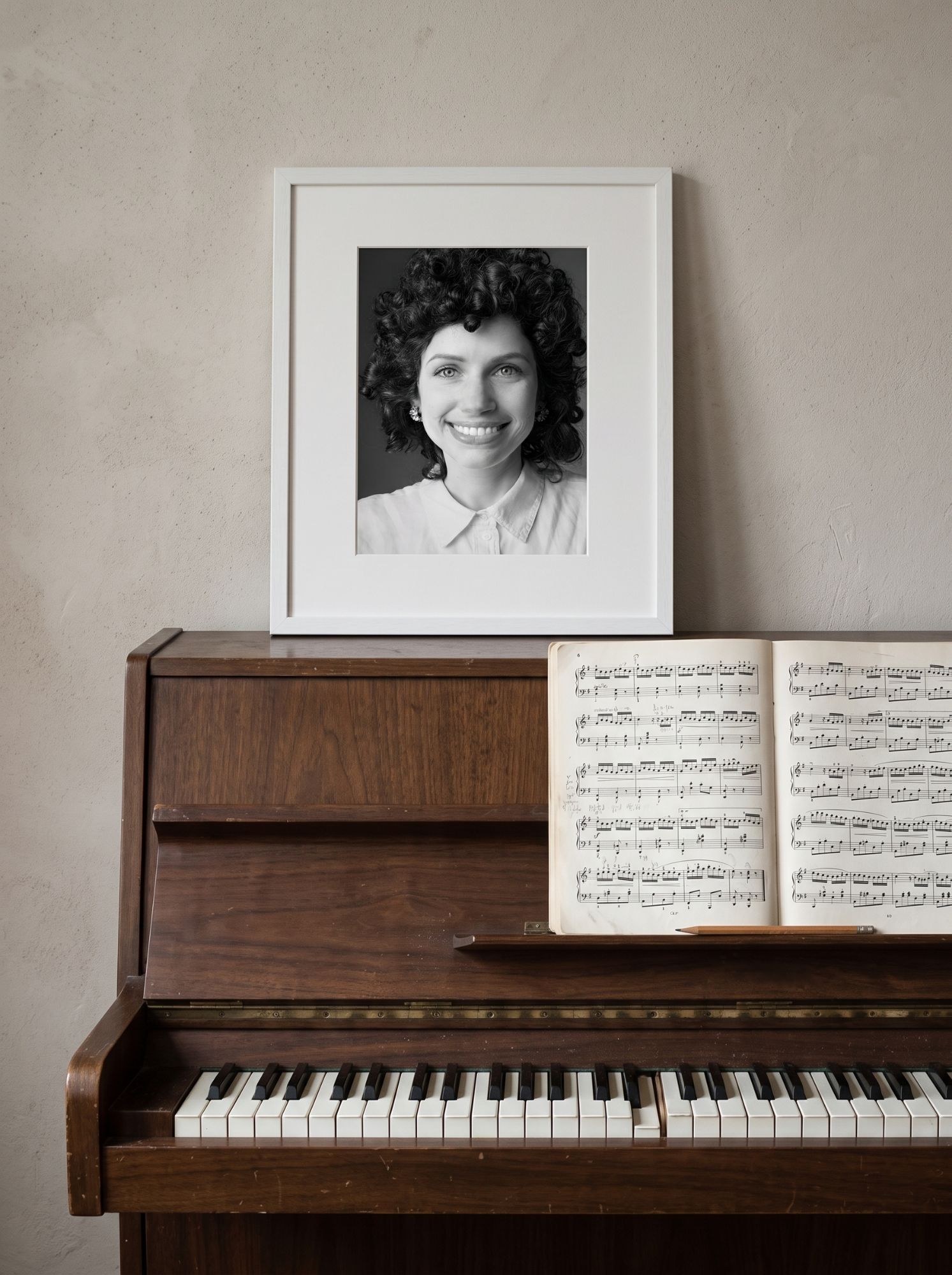 Un Magneti® in cornice bianca sopra un pianoforte: ritratto di donna sorridente