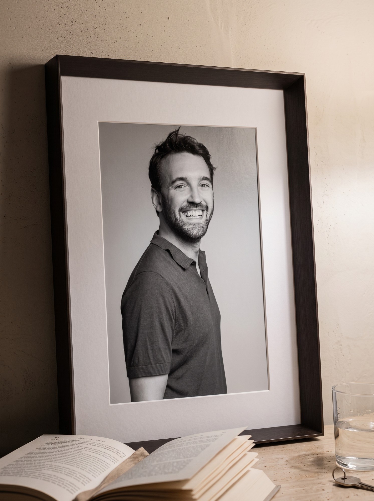 Un Magneti® in cornice scura appoggiato al muro, con un libro aperto: ritratto di uomo sorridente