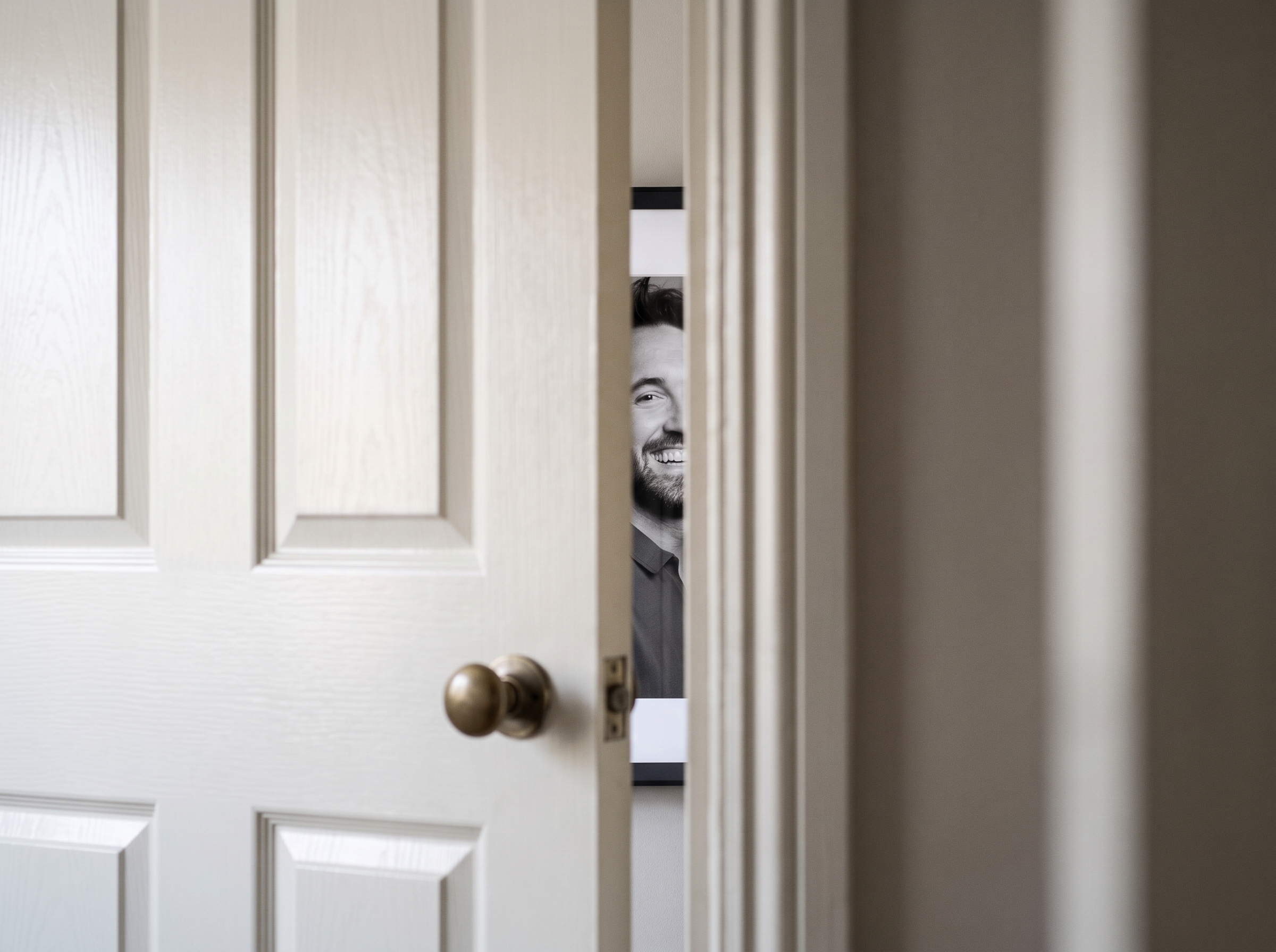 Through a door left ajar, a framed Magneti® portrait hangs in a home