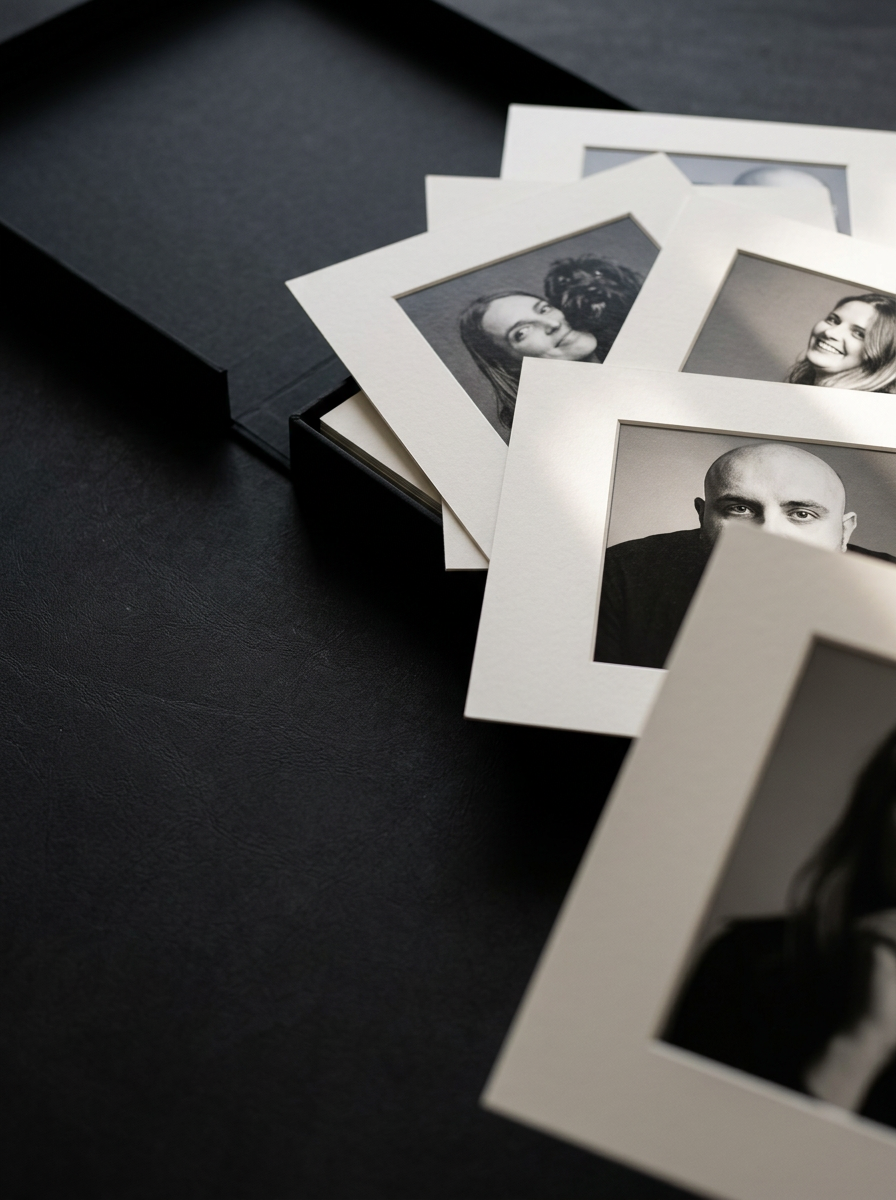 Il Portfolio aperto: i ritratti in bianco e nero nei passepartout avorio, accanto al cofanetto nero