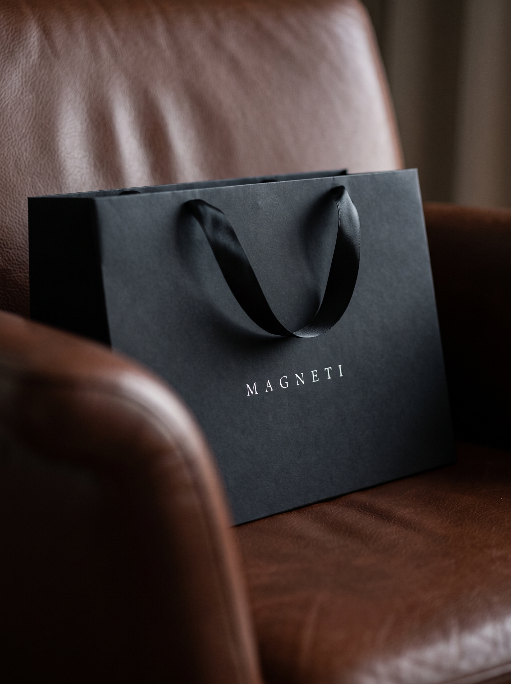 The black Magneti® shopping bag on a leather armchair